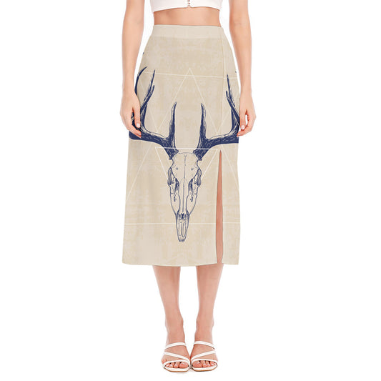Vintage Deer Skull Print Side Slit Midi Skirt