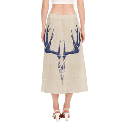 Vintage Deer Skull Print Side Slit Midi Skirt