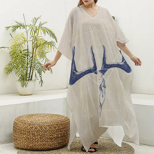 Vintage Deer Skull Print Silk V-Neck Kaftan Dress