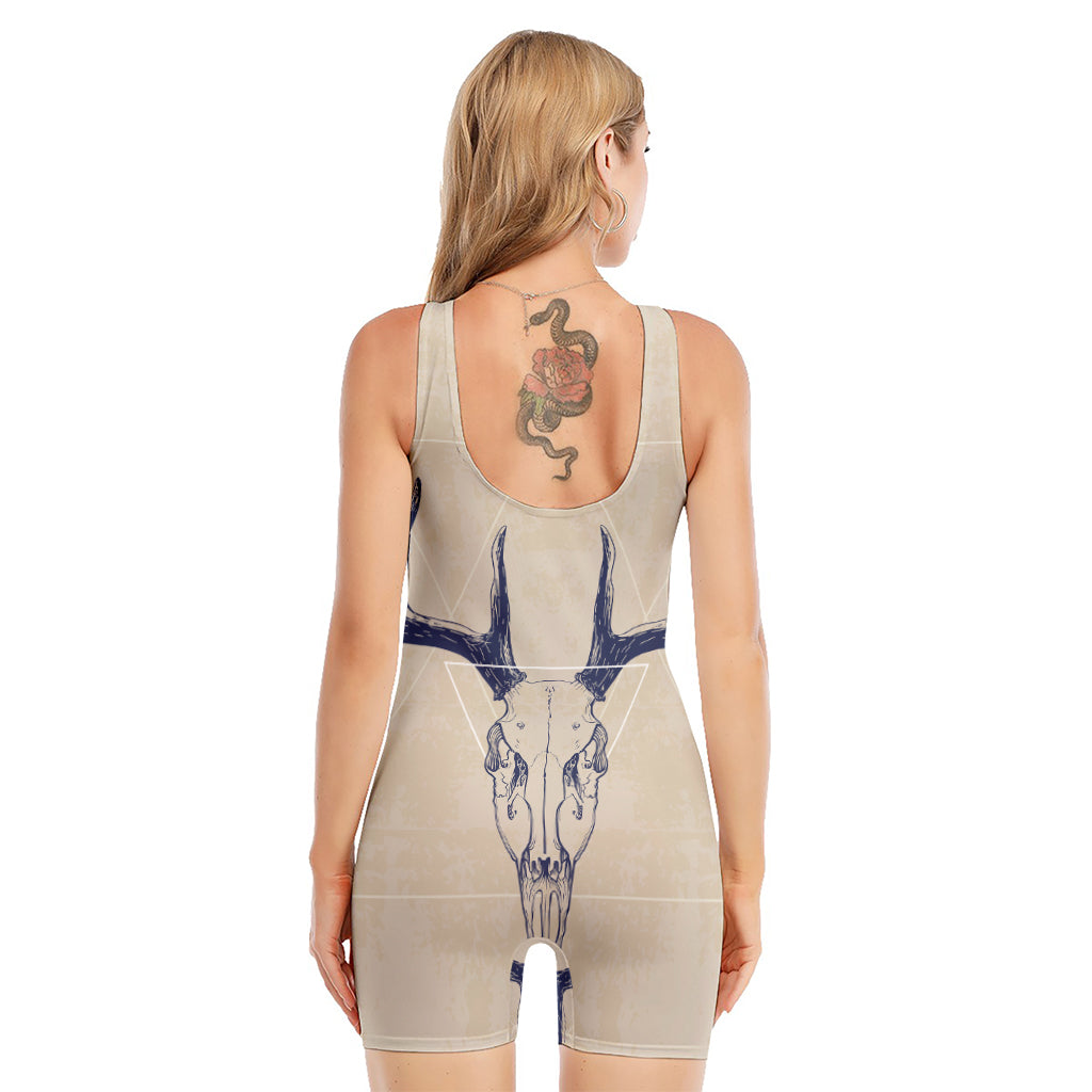 Vintage Deer Skull Print Sleeveless One Piece Swimsuit