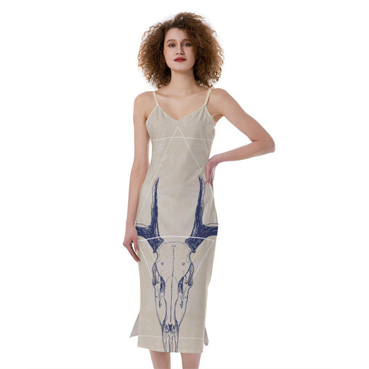 Vintage Deer Skull Print Slim Fit Midi Cami Dress