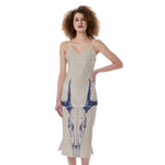 Vintage Deer Skull Print Slim Fit Midi Cami Dress