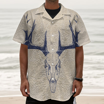 Vintage Deer Skull Print Textured Short Sleeve Shirt