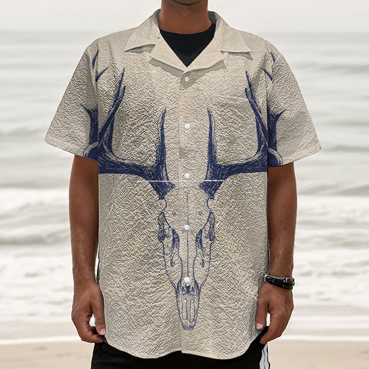 Vintage Deer Skull Print Textured Short Sleeve Shirt