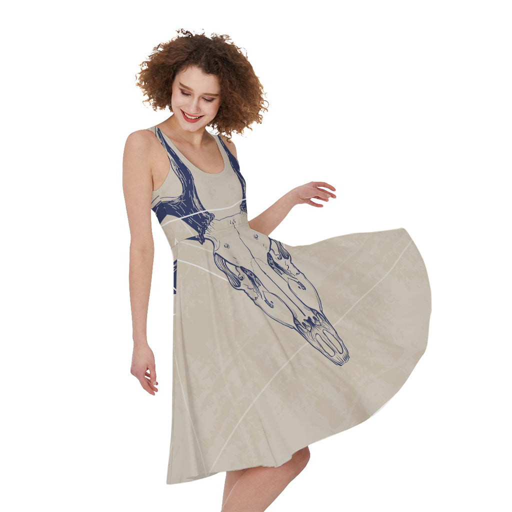 Vintage Deer Skull Print Women's Sleeveless Dress