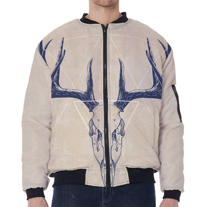 Vintage Deer Skull Print Zip Sleeve Bomber Jacket