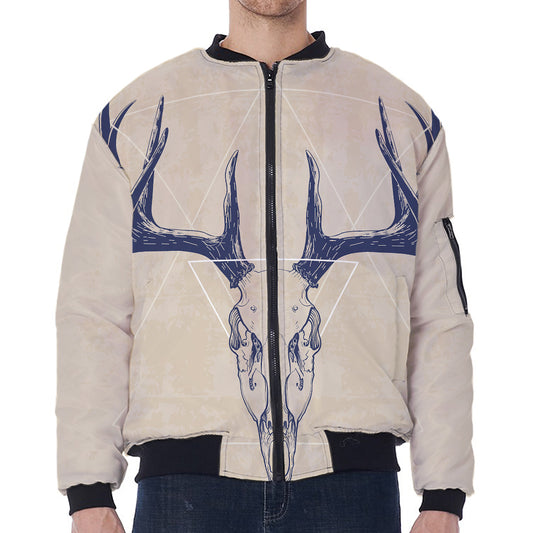Vintage Deer Skull Print Zip Sleeve Bomber Jacket