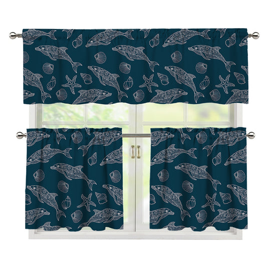 Vintage Dolphins Pattern Print 3 Piece Kitchen Curtains