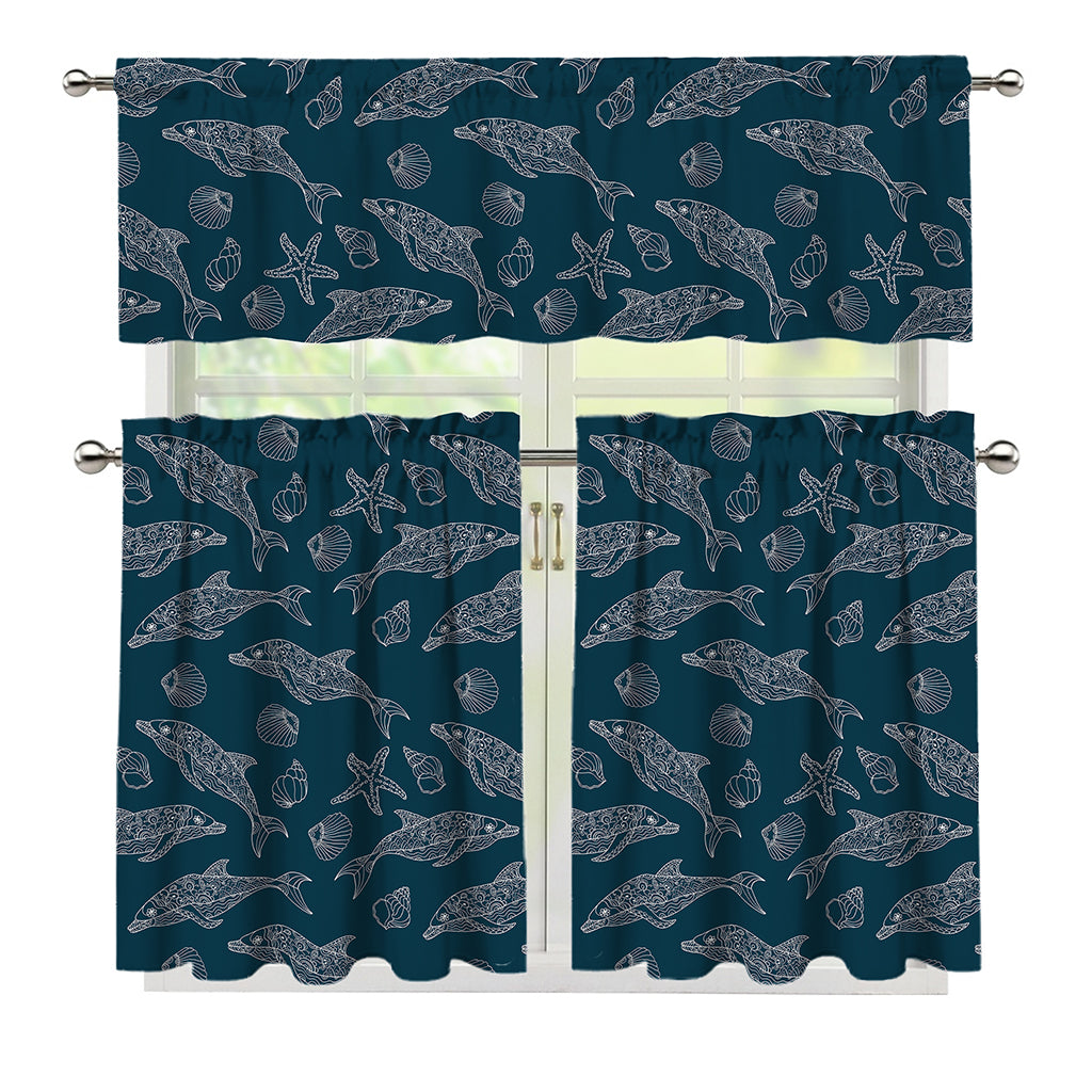 Vintage Dolphins Pattern Print 3 Piece Kitchen Curtains