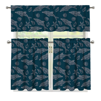 Vintage Dolphins Pattern Print 3 Piece Kitchen Curtains