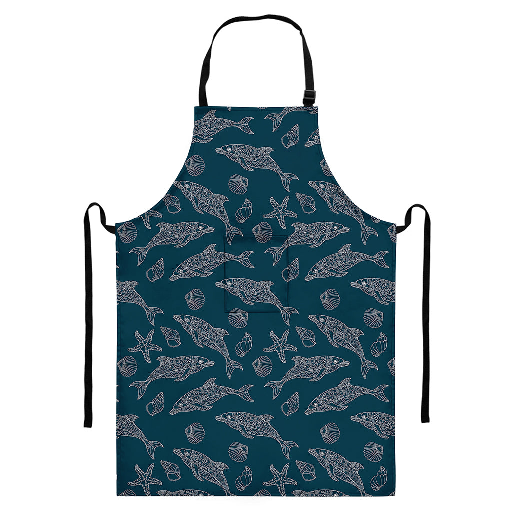 Vintage Dolphins Pattern Print Bib Apron With Pocket