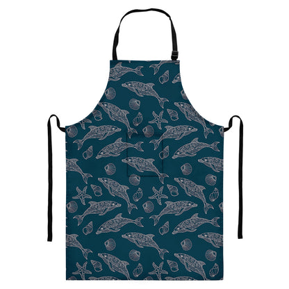 Vintage Dolphins Pattern Print Bib Apron With Pocket