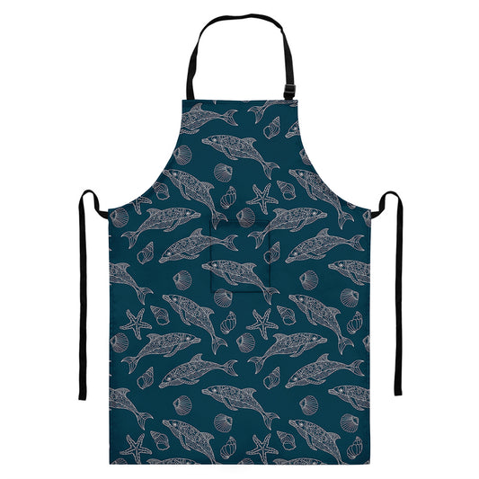Vintage Dolphins Pattern Print Bib Apron With Pocket