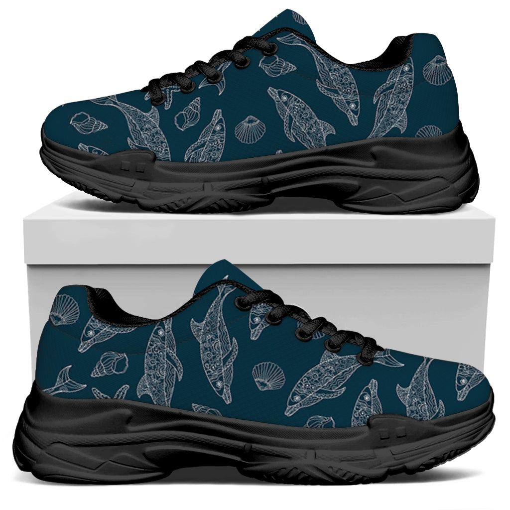 Vintage Dolphins Pattern Print Black Chunky Shoes