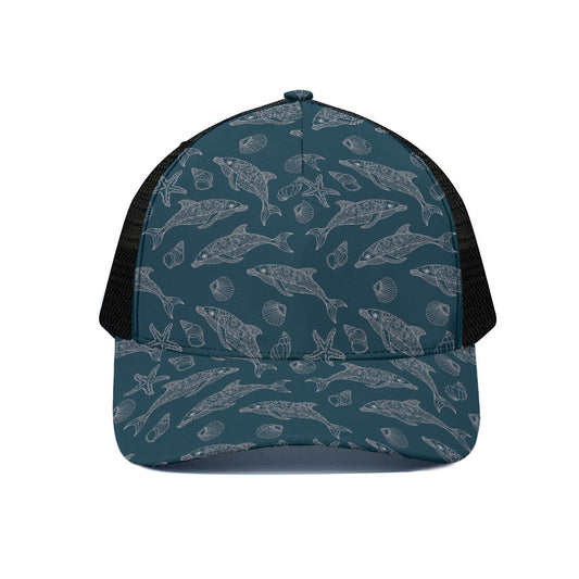 Vintage Dolphins Pattern Print Black Mesh Trucker Cap