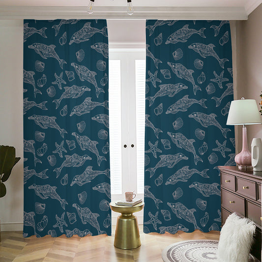 Vintage Dolphins Pattern Print Blackout Pencil Pleat Curtains