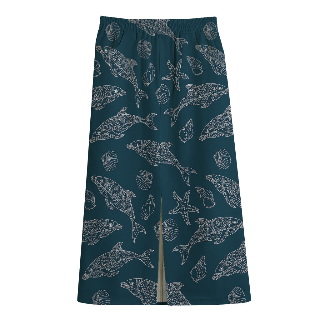 Vintage Dolphins Pattern Print Cotton Front Slit Maxi Skirt