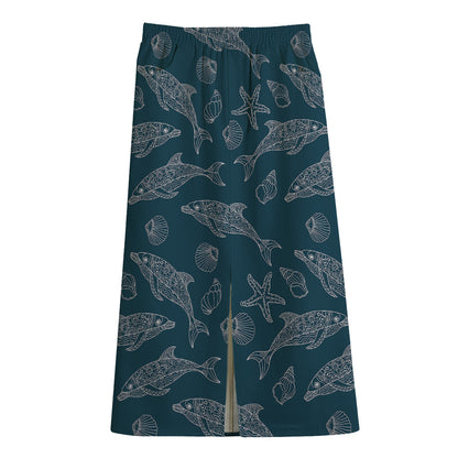 Vintage Dolphins Pattern Print Cotton Front Slit Maxi Skirt