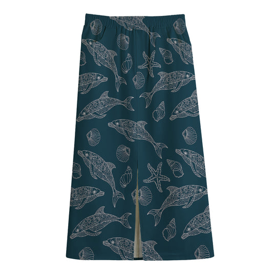 Vintage Dolphins Pattern Print Cotton Front Slit Maxi Skirt