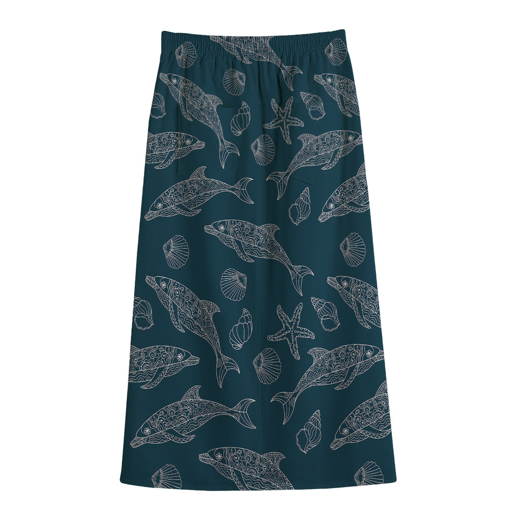 Vintage Dolphins Pattern Print Cotton Front Slit Maxi Skirt