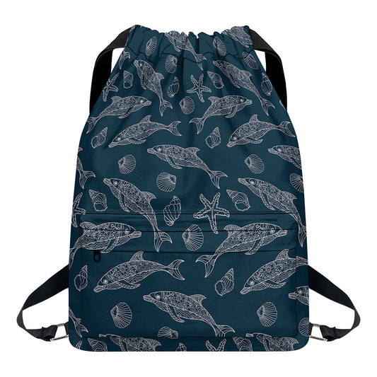 Vintage Dolphins Pattern Print Drawstring Backpack