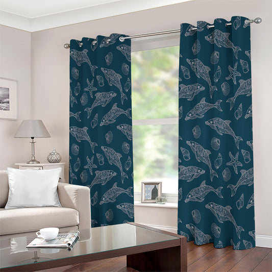 Vintage Dolphins Pattern Print Extra Wide Grommet Curtains