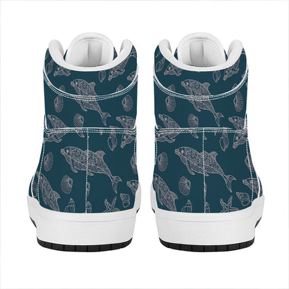 Vintage Dolphins Pattern Print High Top Leather Sneakers