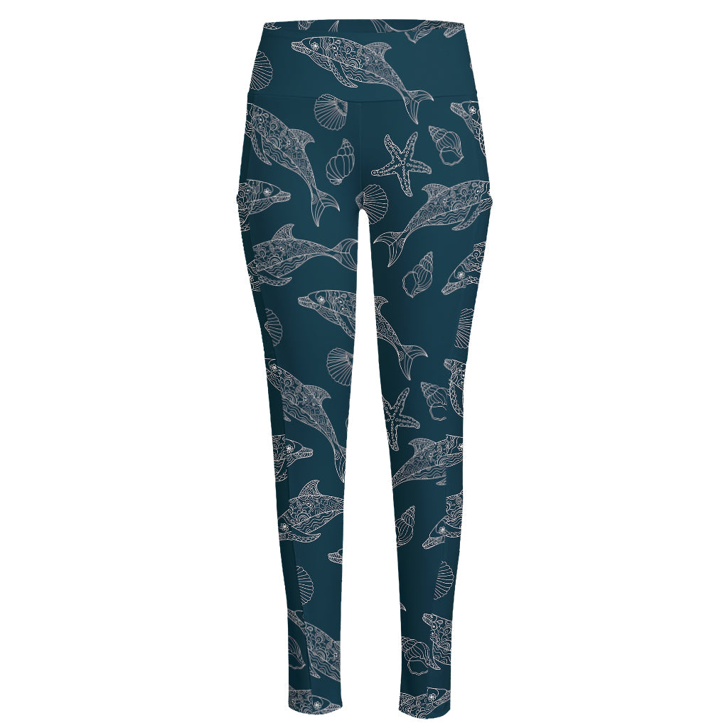 Vintage Dolphins Pattern Print High-Waisted Pocket Leggings