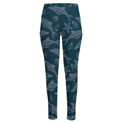 Vintage Dolphins Pattern Print High-Waisted Pocket Leggings