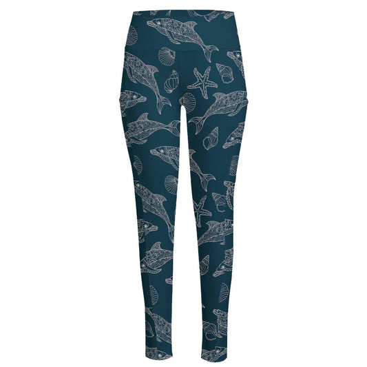 Vintage Dolphins Pattern Print High-Waisted Pocket Leggings