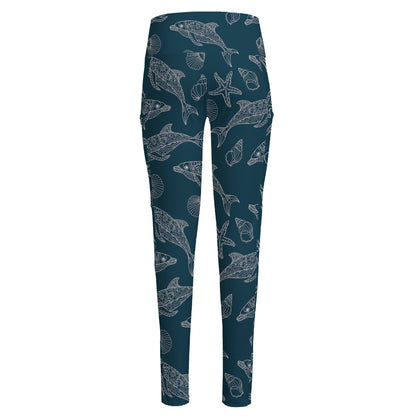 Vintage Dolphins Pattern Print High-Waisted Pocket Leggings
