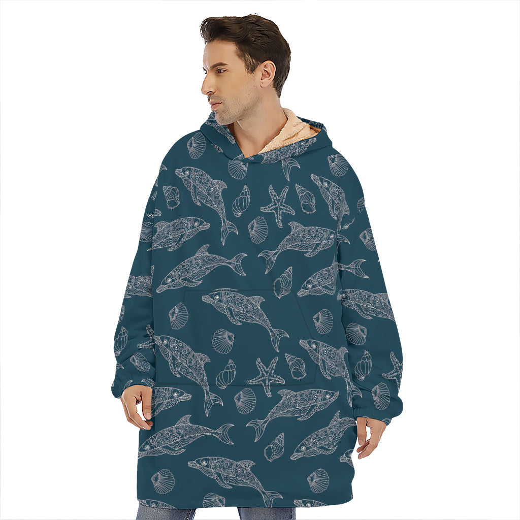 Vintage Dolphins Pattern Print Hoodie Blanket