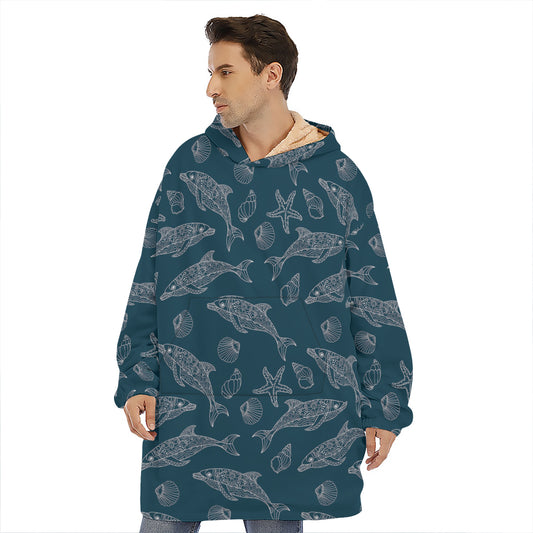 Vintage Dolphins Pattern Print Hoodie Blanket