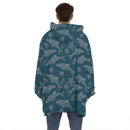 Vintage Dolphins Pattern Print Hoodie Blanket