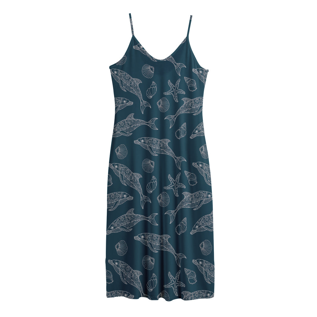 Vintage Dolphins Pattern Print Jersey Midi Cami Dress