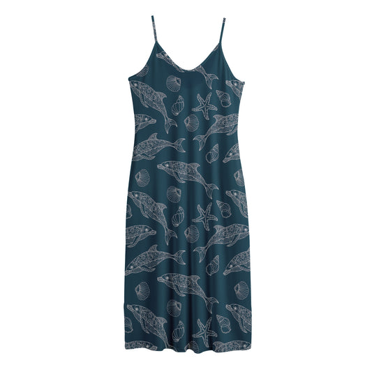 Vintage Dolphins Pattern Print Jersey Midi Cami Dress