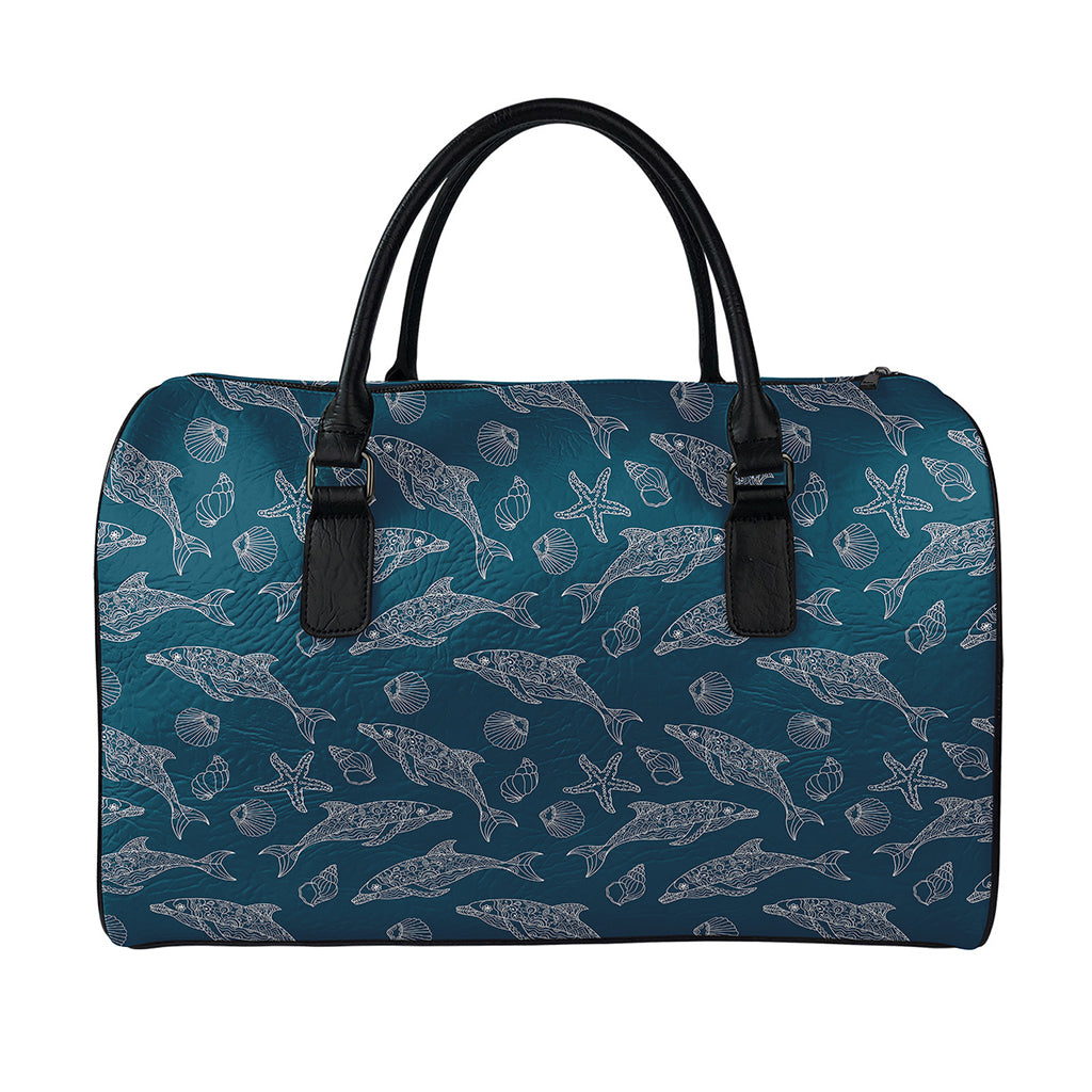 Vintage Dolphins Pattern Print Leather Duffle Bag