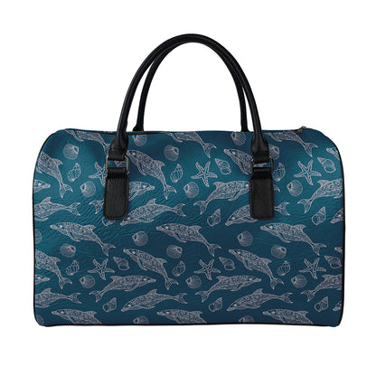Vintage Dolphins Pattern Print Leather Duffle Bag