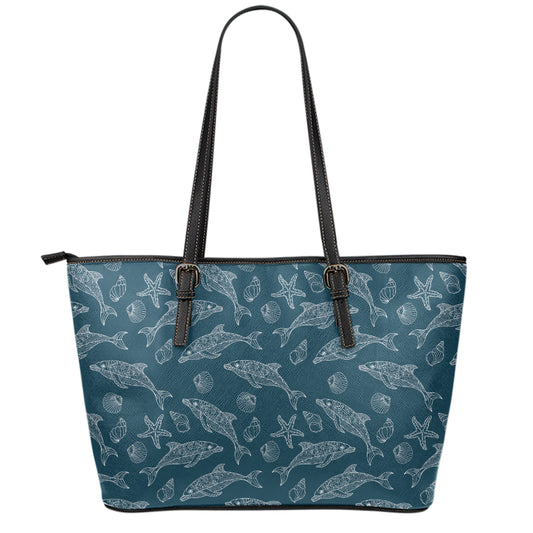 Vintage Dolphins Pattern Print Leather Tote Bag