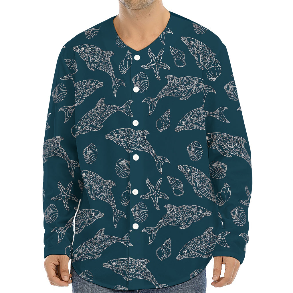 Vintage Dolphins Pattern Print Long Sleeve Baseball Jersey