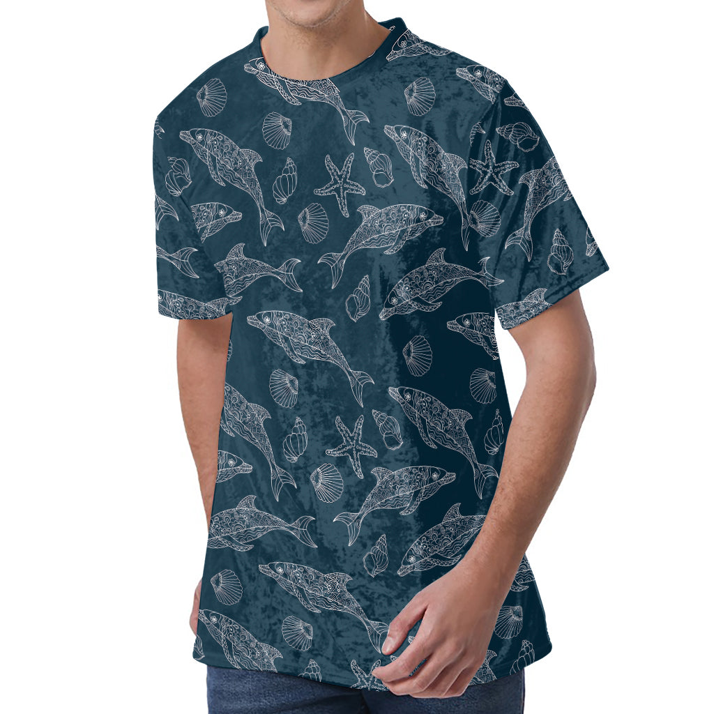 Vintage Dolphins Pattern Print Men's Velvet T-Shirt