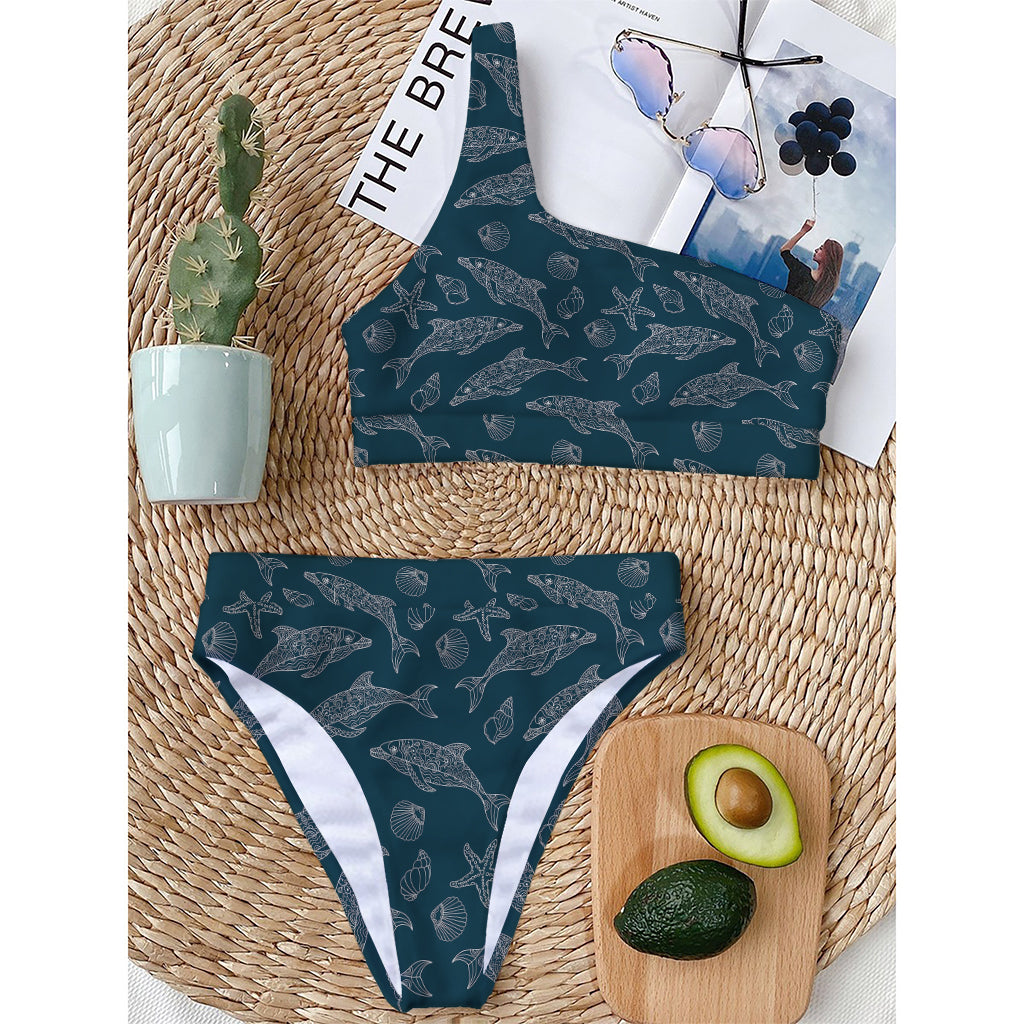 Vintage Dolphins Pattern Print One Shoulder Bikini Top