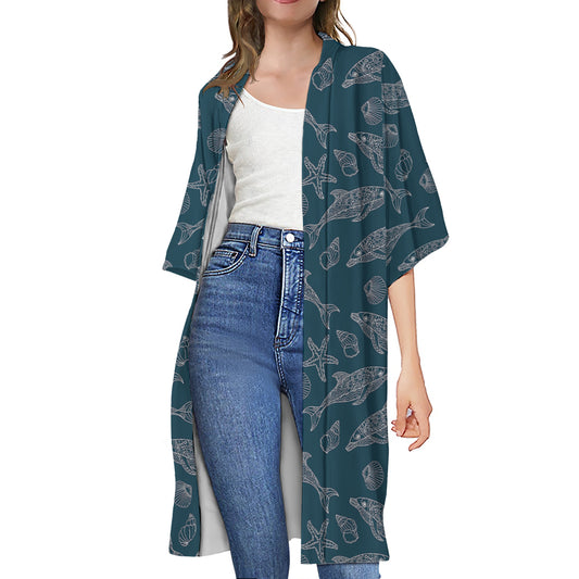 Vintage Dolphins Pattern Print Open Front Beach Cover Up