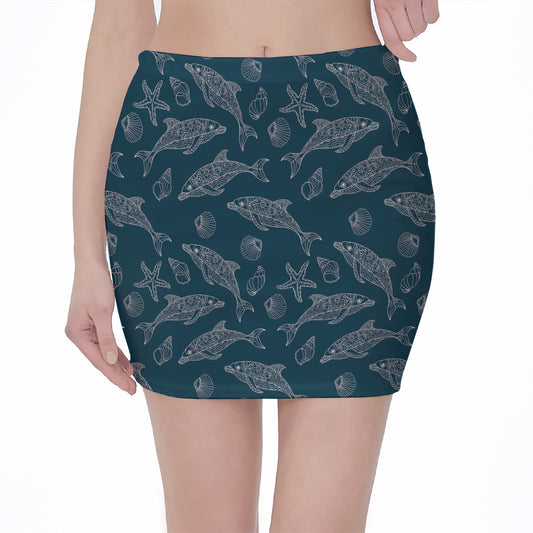 Vintage Dolphins Pattern Print Pencil Mini Skirt