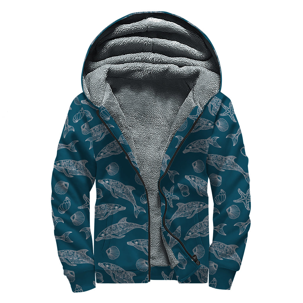 Vintage Dolphins Pattern Print Sherpa Lined Zip Up Hoodie
