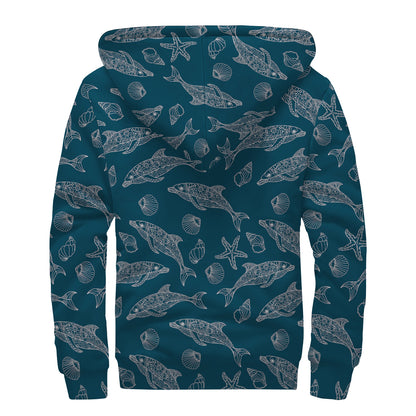 Vintage Dolphins Pattern Print Sherpa Lined Zip Up Hoodie