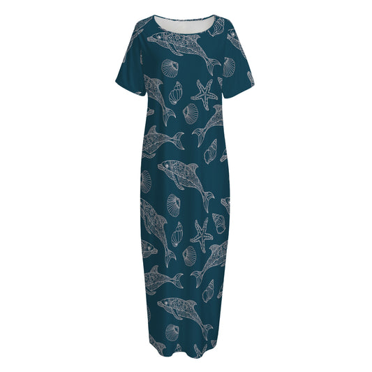 Vintage Dolphins Pattern Print Short Sleeve Long Nightdress