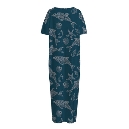 Vintage Dolphins Pattern Print Short Sleeve Long Nightdress