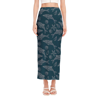 Vintage Dolphins Pattern Print Side Slit Maxi Skirt