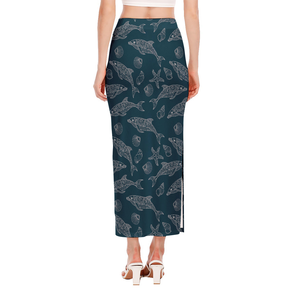 Vintage Dolphins Pattern Print Side Slit Maxi Skirt